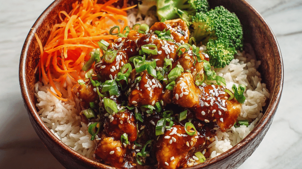 Honey garlic chicken bowl with glazed chicken pieces, white rice, broccoli, shredded carrots, sesame seeds, and green onions
