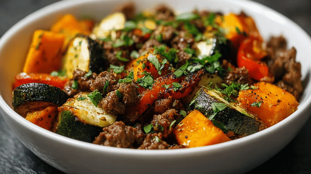 Healthy beef and sweet potato bowl with lean ground beef, roasted zucchini, bell peppers, and seasoned vegetables in a ceramic bowl