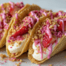 Strawberry Crunch Cheesecake Tacos on white plate close-up