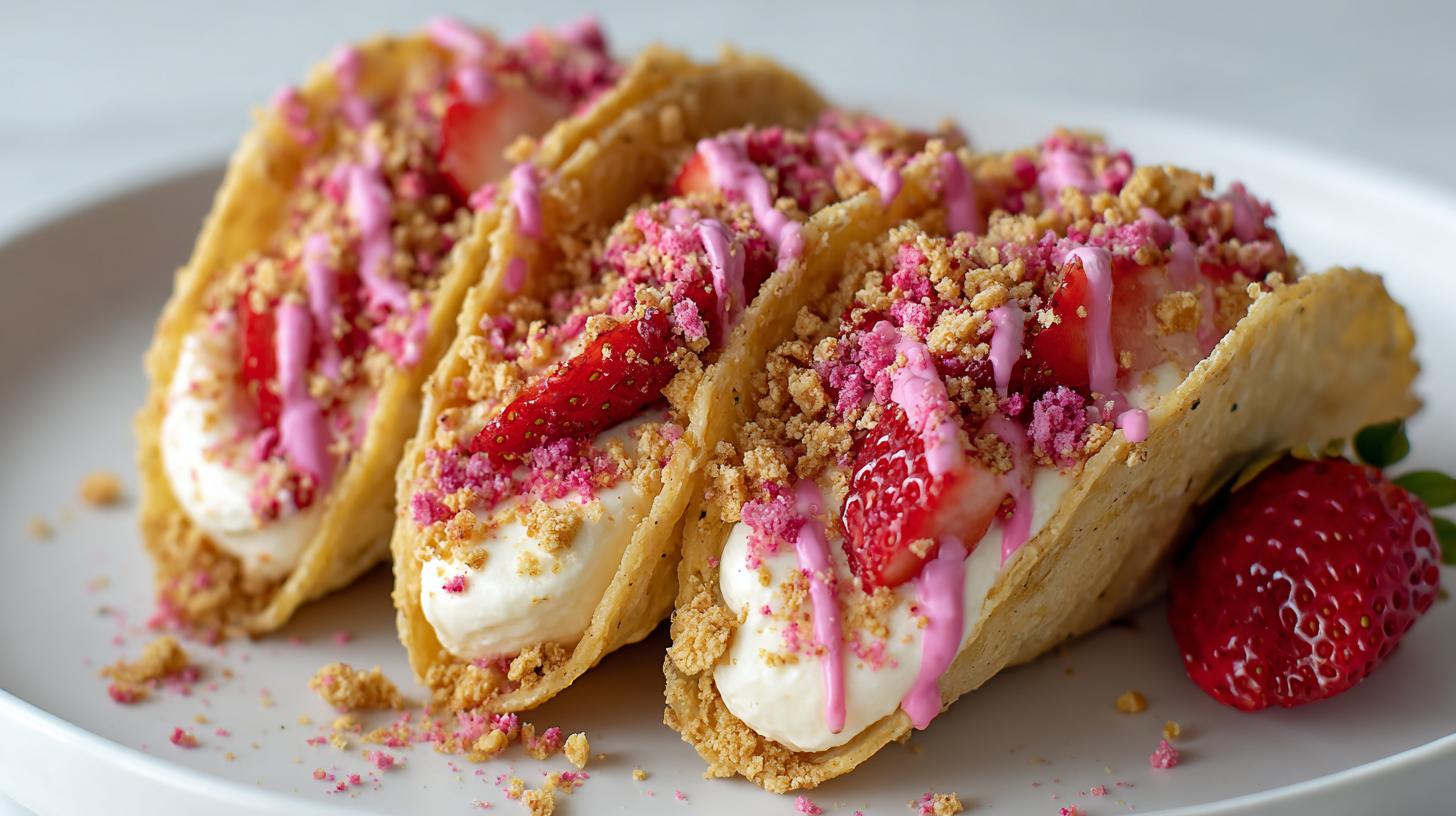 Strawberry Crunch Cheesecake Tacos on white plate close-up
