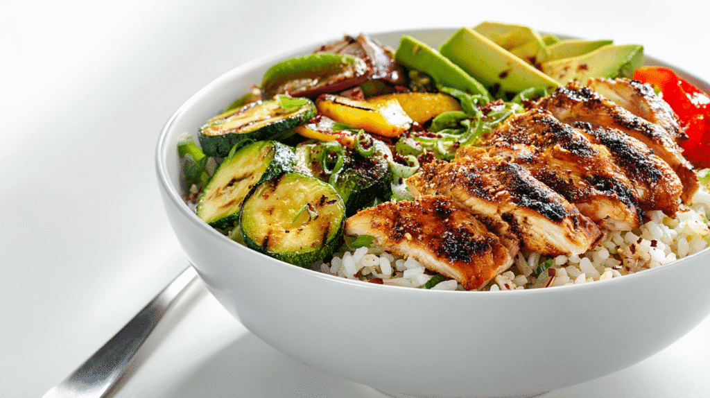 Protein Packed Dinner Bowl with Rice close-up in white bowl