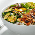 Protein Packed Dinner Bowl with Rice close-up in white bowl