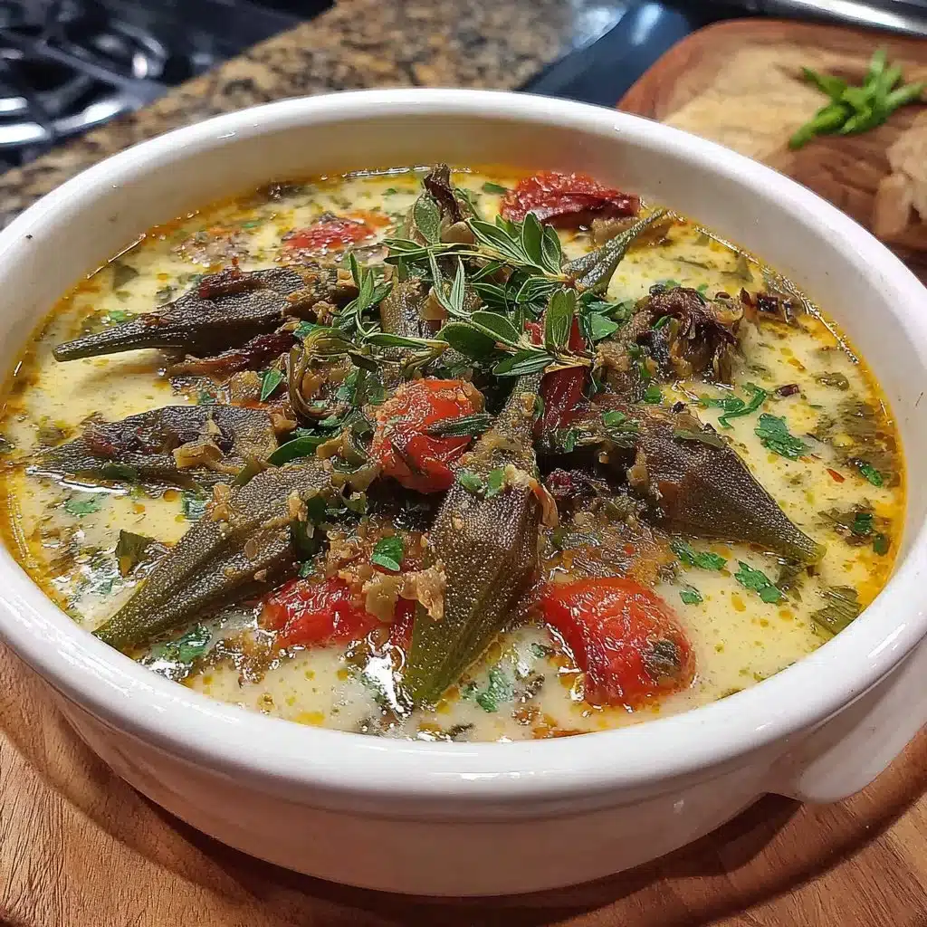 Bowl of Authentic Nigerian Okra Soup with vegetables and spices