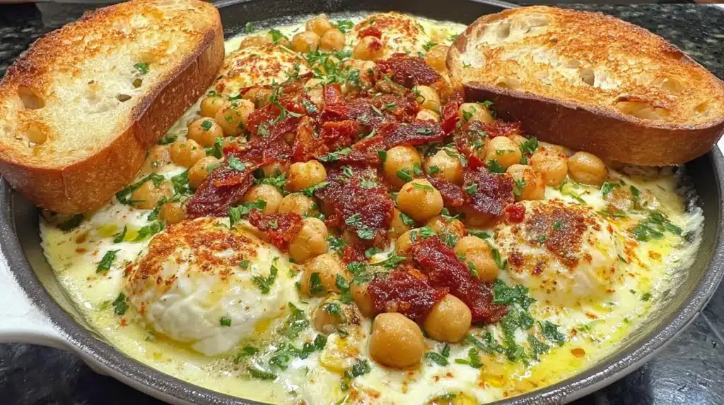 Baked feta with chickpeas served in a dish