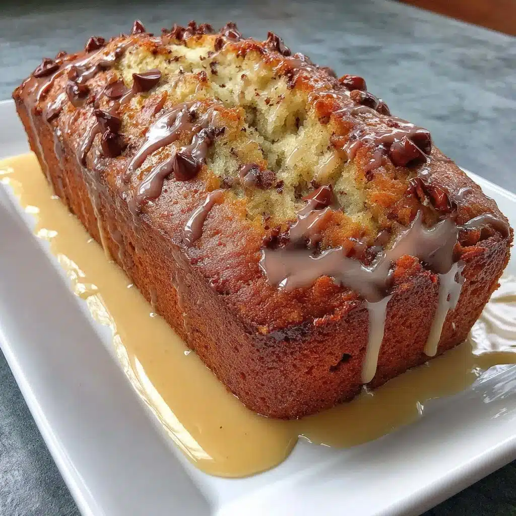 Loaf of moist chocolate chip banana bread, sliced and garnished with chocolate chips.