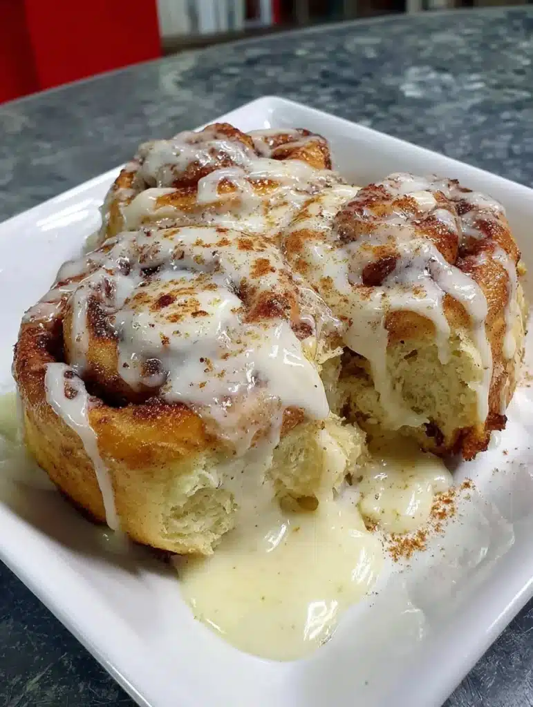 Delicious homemade cinnamon rolls topped with creamy icing on a wooden table.
