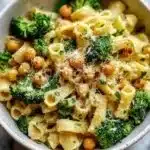 Plate of broccoli chickpea pasta drizzled with garlic olive oil