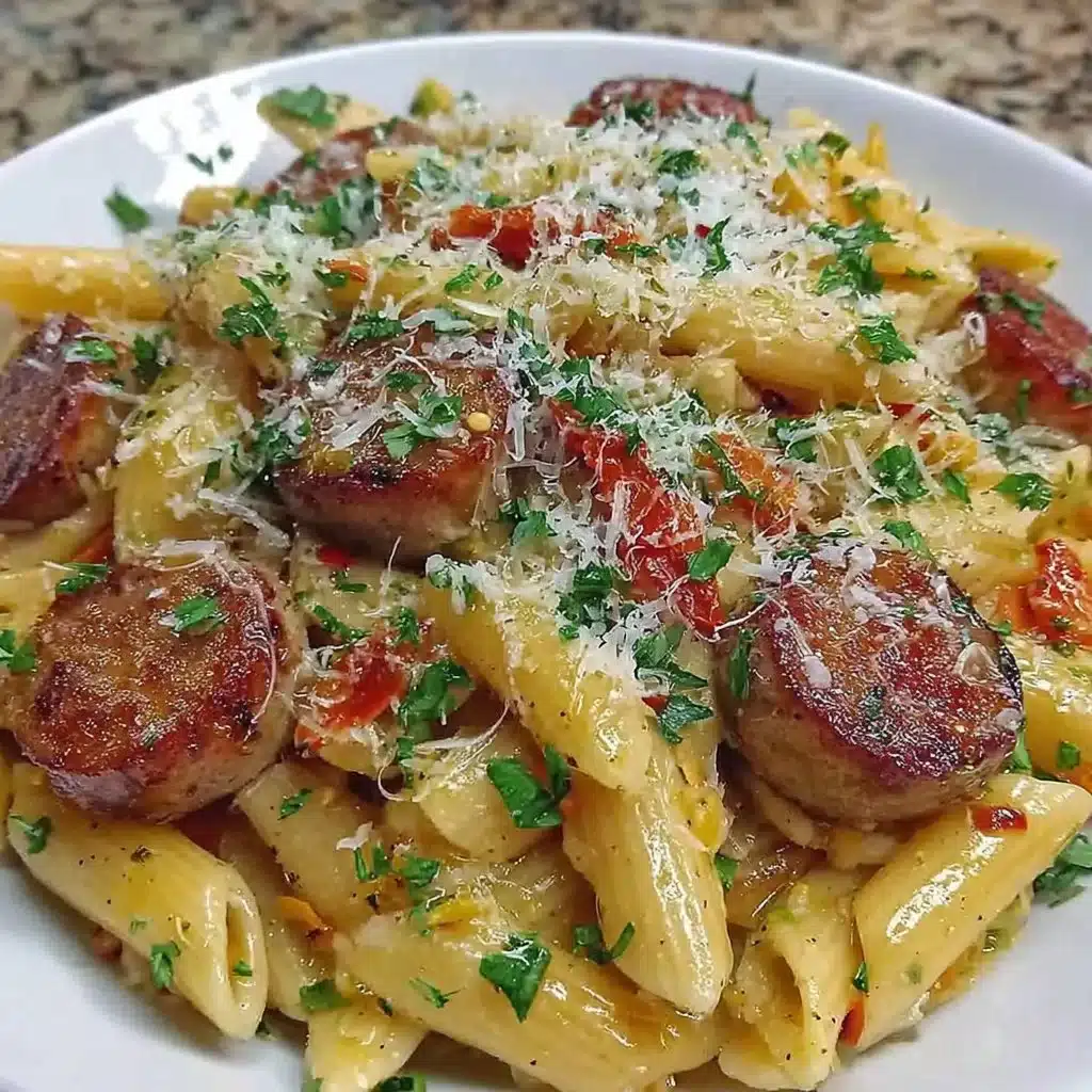 A bowl of delicious Cajun Sausage Pasta topped with herbs and spices.