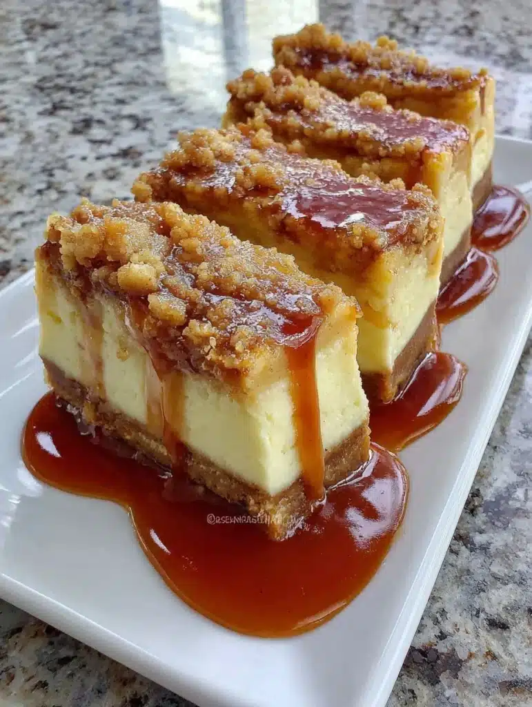 Caramel apple cheesecake bars drizzled with caramel and topped with apple slices