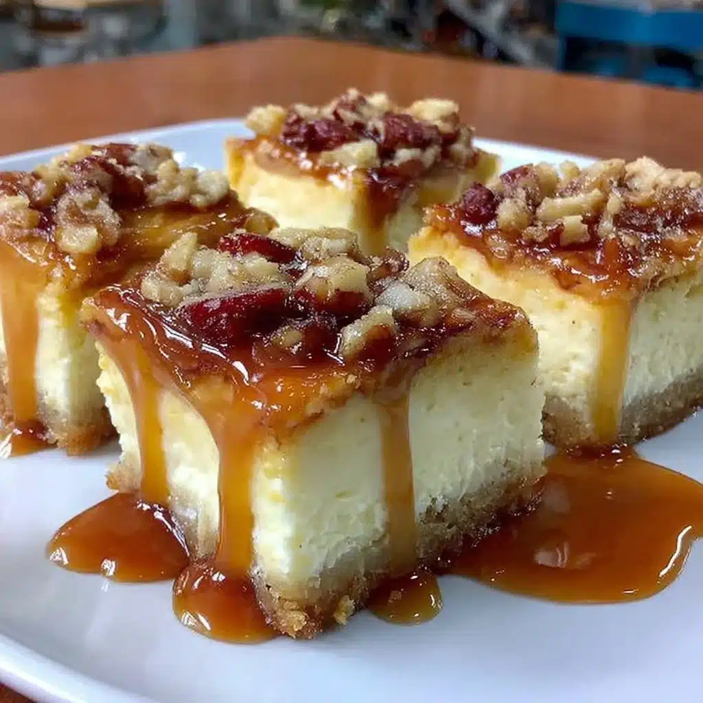 Delicious caramel apple cheesecake bars on a dessert plate