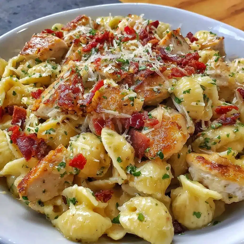 Delicious Chicken Bacon Ranch Pasta served in a bowl with fresh herbs.