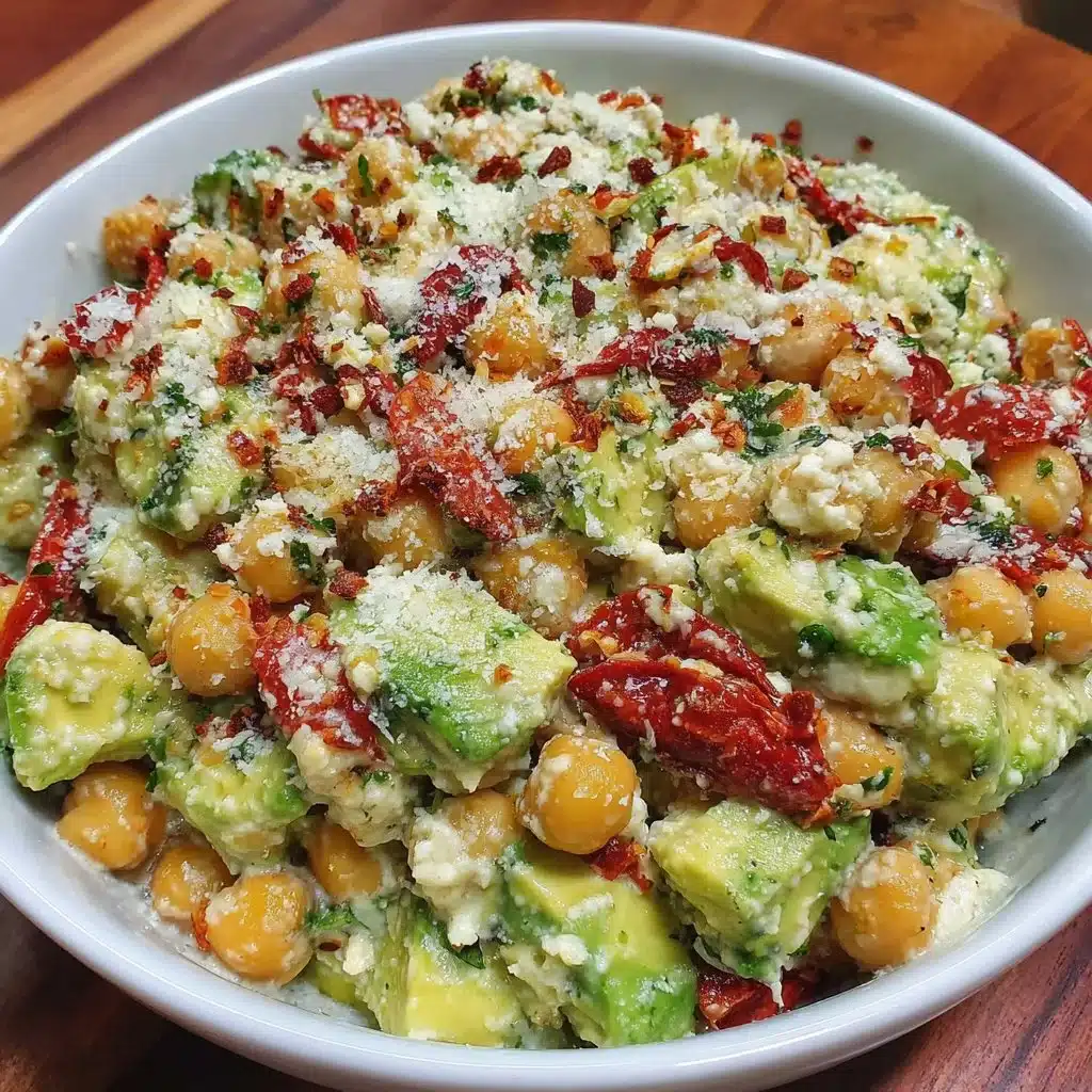 Colorful Chickpea Feta Avocado Salad with fresh vegetables and herbs