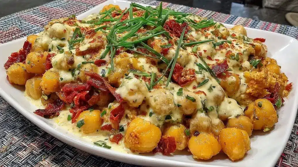 Colorful chickpea salad with vegetables and dressing in a bowl