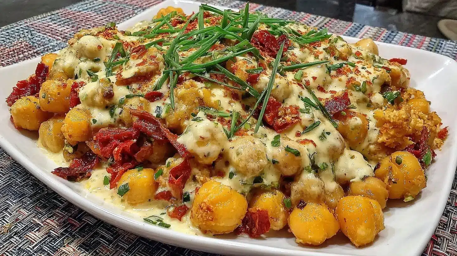 Colorful chickpea salad with vegetables and dressing in a bowl