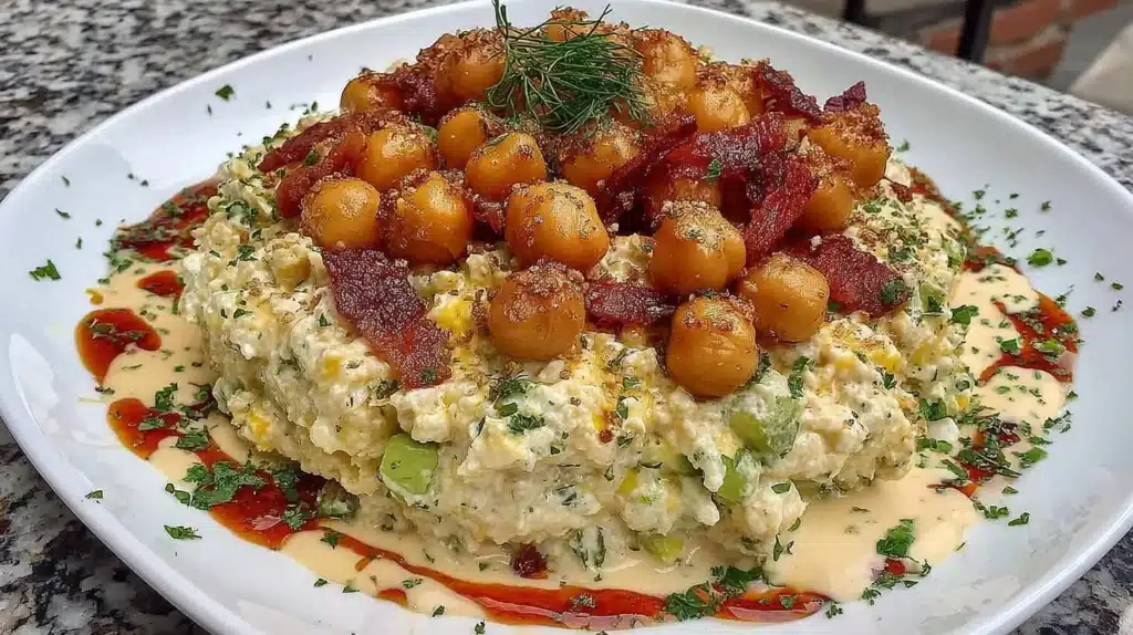 Cottage Cheese and Chickpea Salad with fresh vegetables and herbs