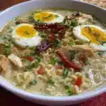 Bowl of creamy garlic chicken ramen with tender chicken, green onions, and broth.