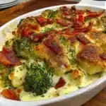 Creamy low carb chicken casserole with broccoli and bacon in a baking dish