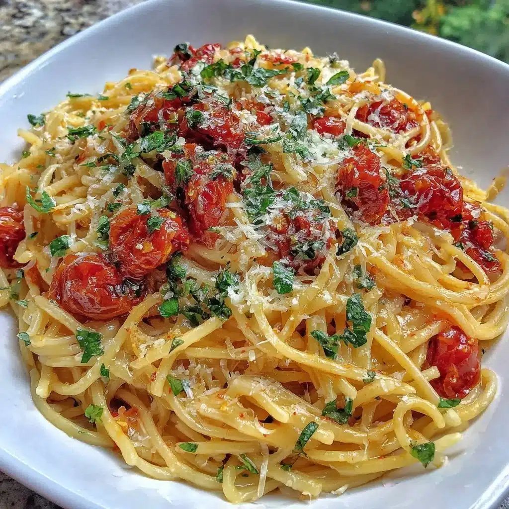 Creamy tomato garlic pasta served in a white bowl with parsley garnish