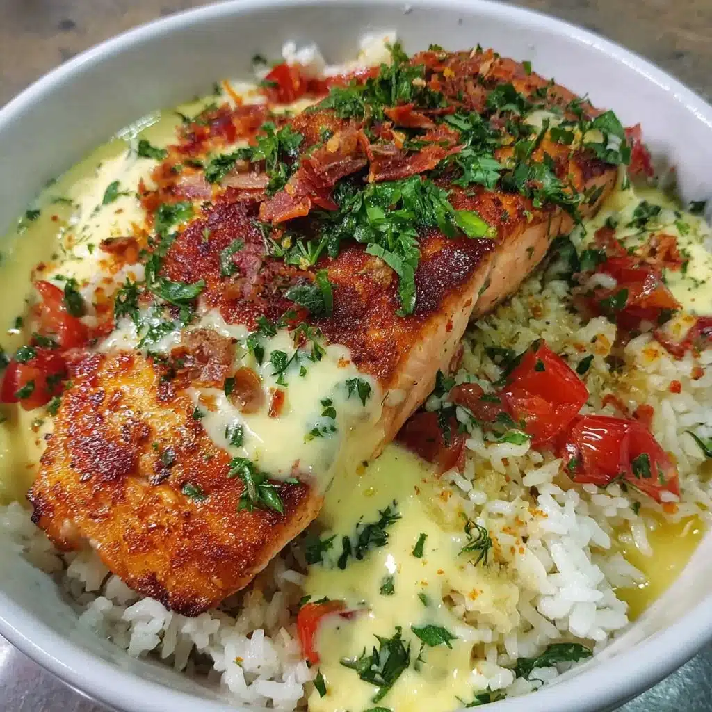 Crispy Salmon and Rice Bowl garnished with vegetables
