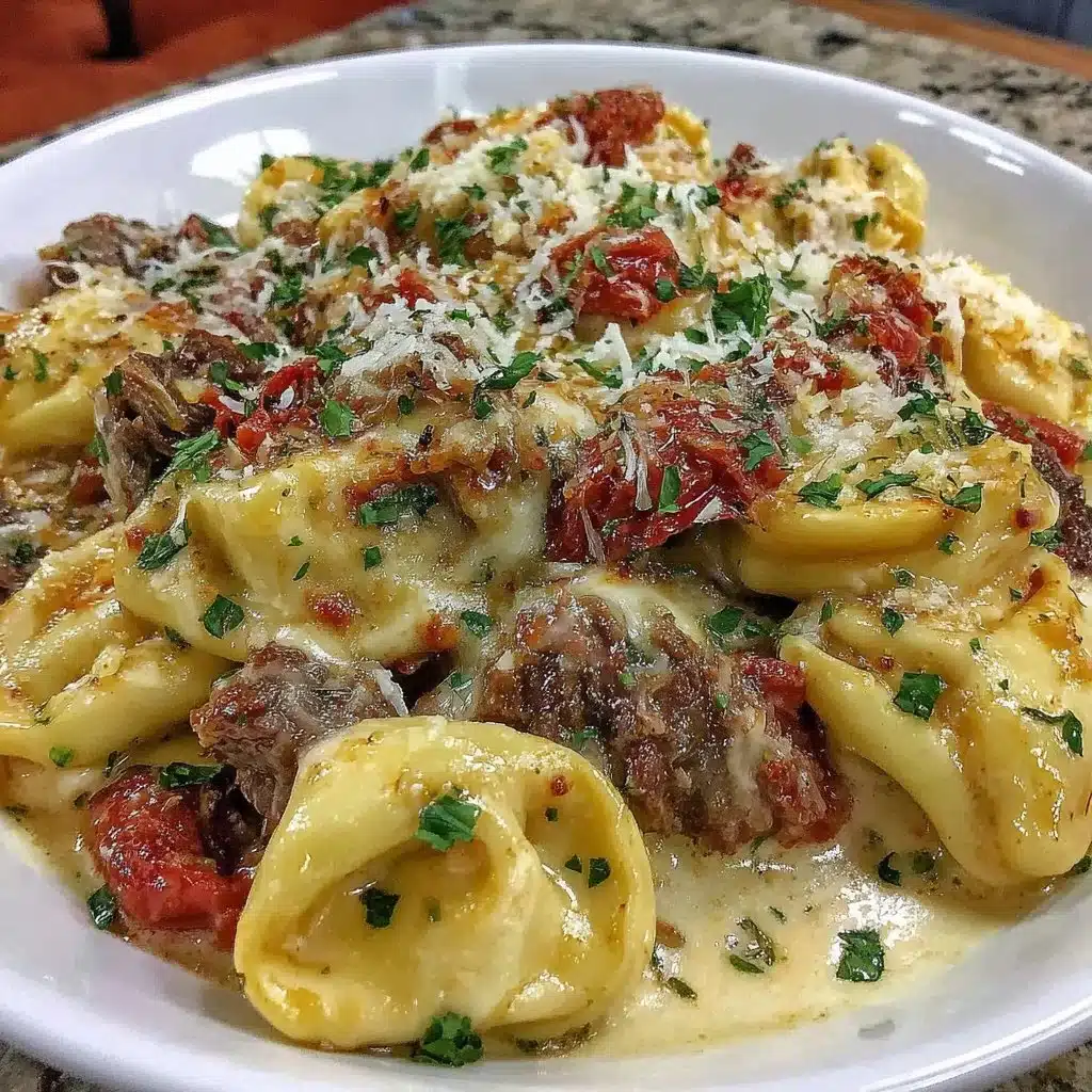 Delicious Crock Pot cheesesteak tortellini served in a bowl