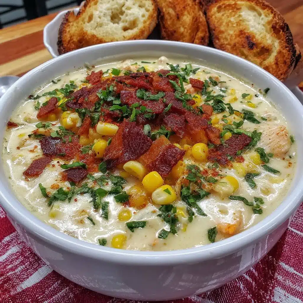 Bowl of creamy Crockpot Chicken Corn Chowder with corn and herbs