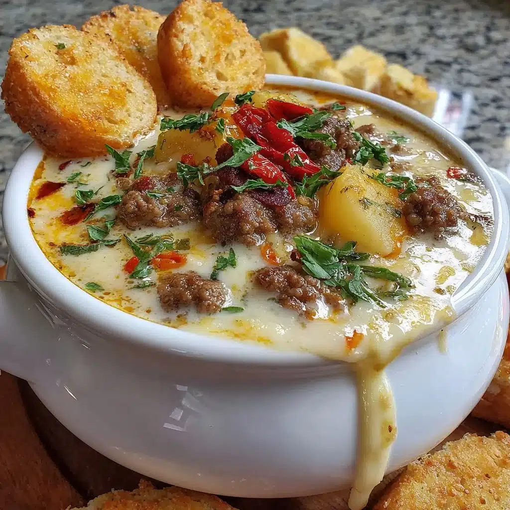 Crockpot Creamy Potato & Hamburger Soup in a bowl, garnished with herbs.
