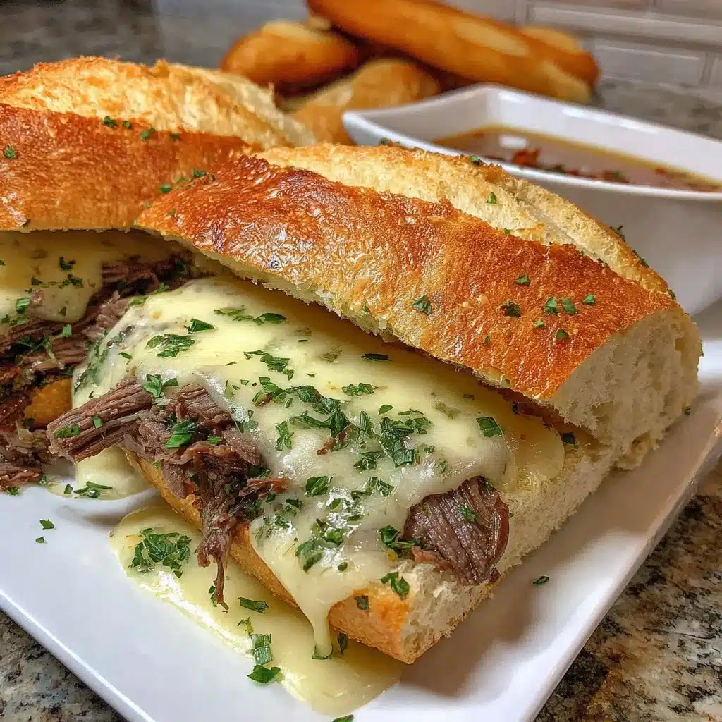 Crockpot French Dip Sandwiches served with au jus dipping sauce