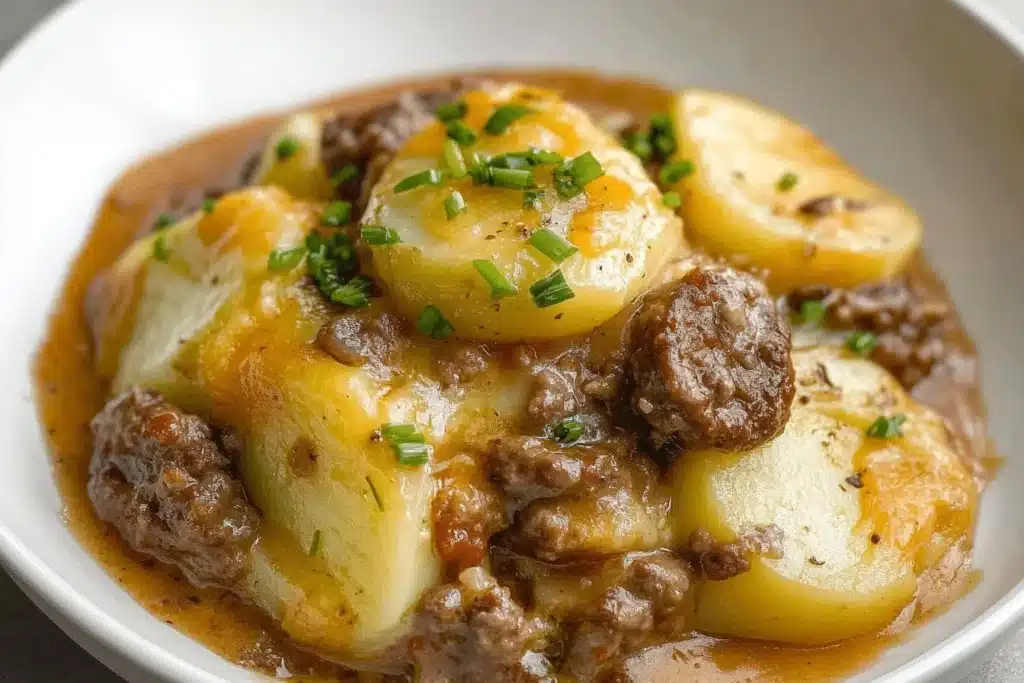 Delicious Crockpot Hamburger Potato Casserole with layers of meat and potatoes.