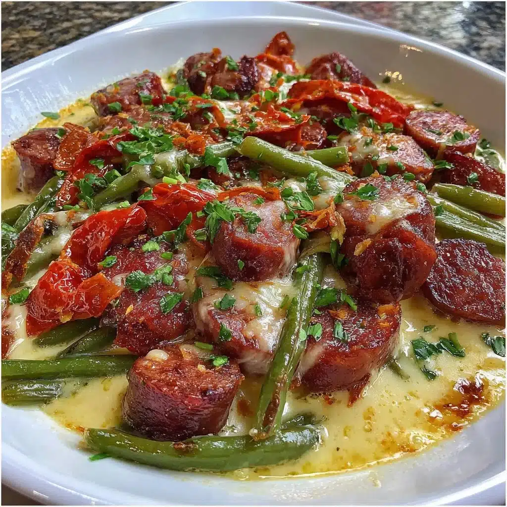 Crockpot Kielbasa cooked with fresh green beans in a savory dish.