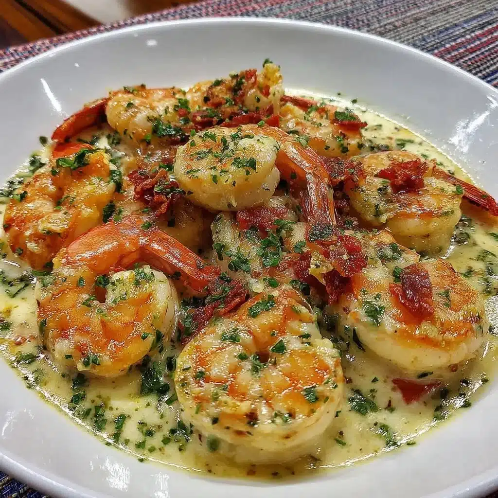 Plate of easy creamy garlic shrimp garnished with herbs