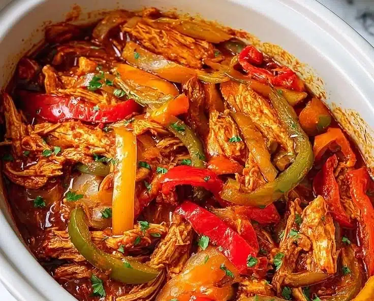 Deliciously prepared easy crockpot chicken fajitas served in a bowl.
