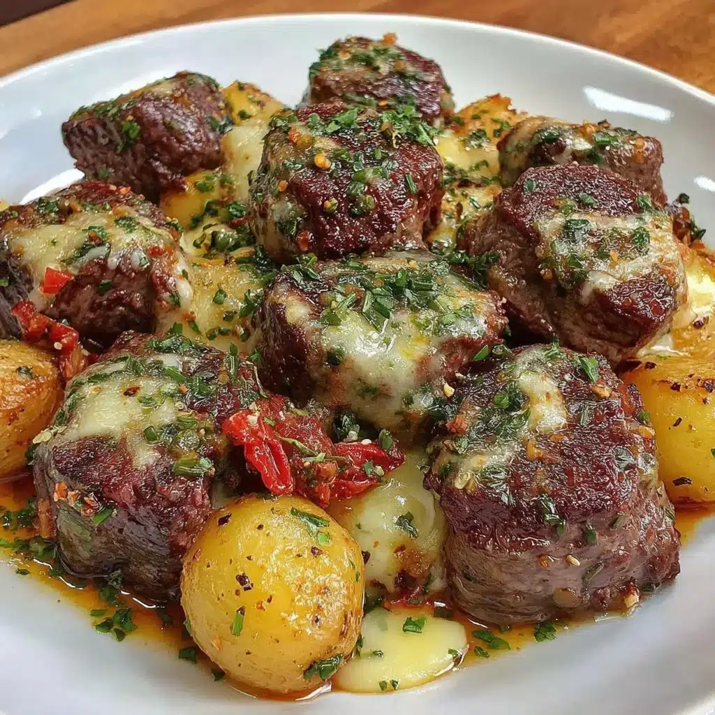 Delicious Garlic Butter Beef Bites served with roasted potatoes.