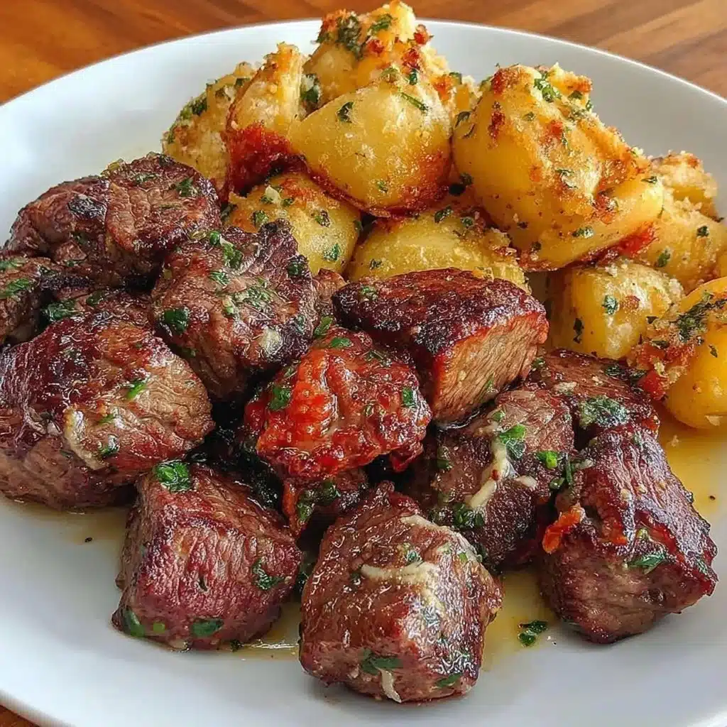 Garlic Butter Beef Bites served with golden potatoes