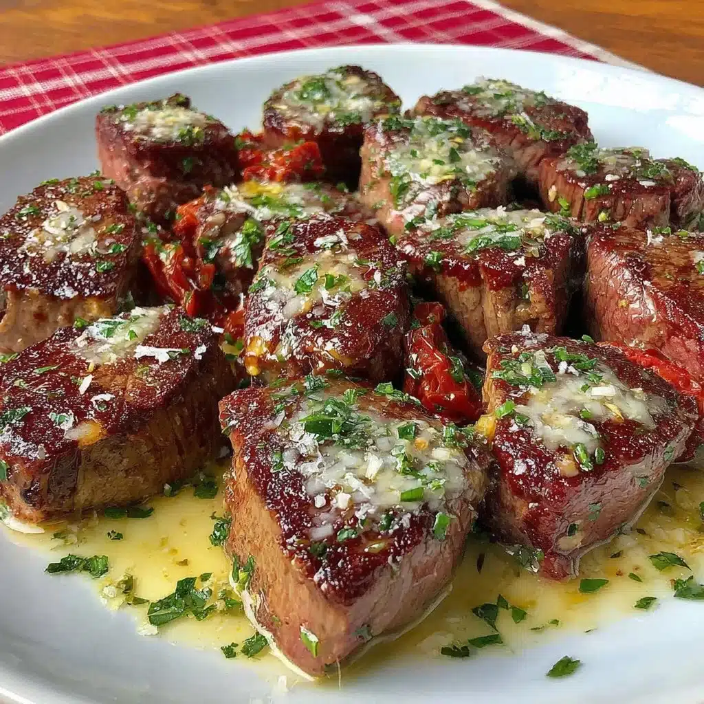 Garlic Butter Steak Bites served on a plate with herbs and garlic
