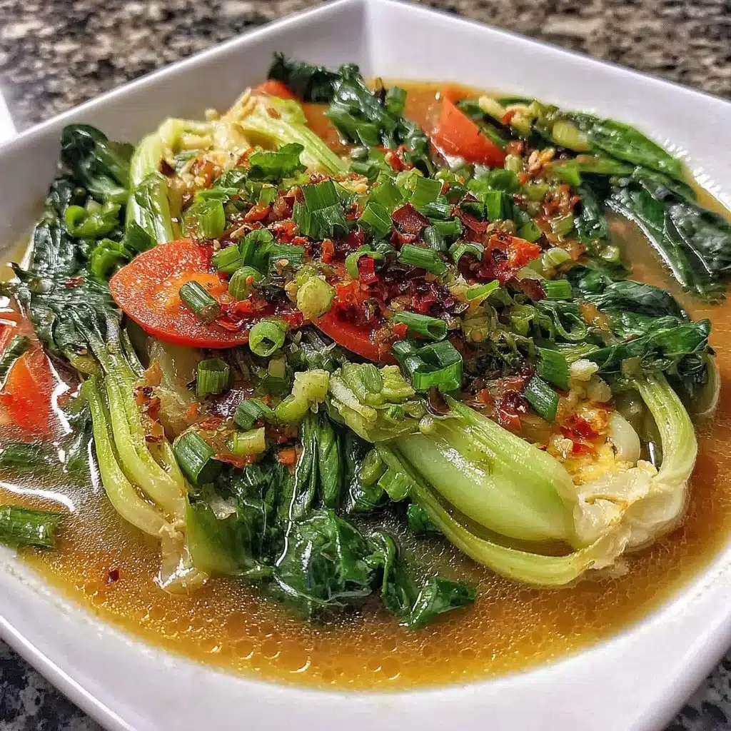 Bowl of homemade bok choy soup with fresh vegetables