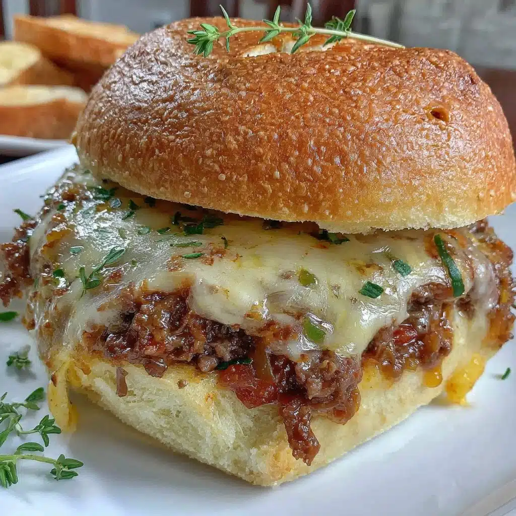 Delicious French Onion Beef Sloppy Joes served on a bun with melted cheese and onions.