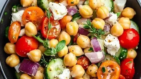 Colorful Mediterranean Chickpea Salad with vegetables and herbs