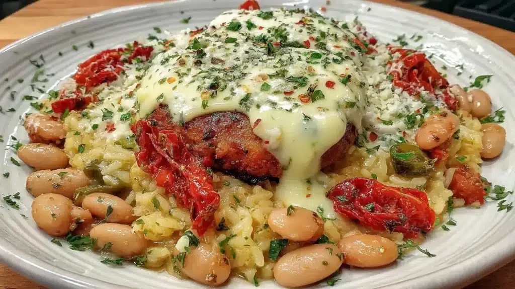 Bowl of Mediterranean Rice and Beans garnished with herbs and spices