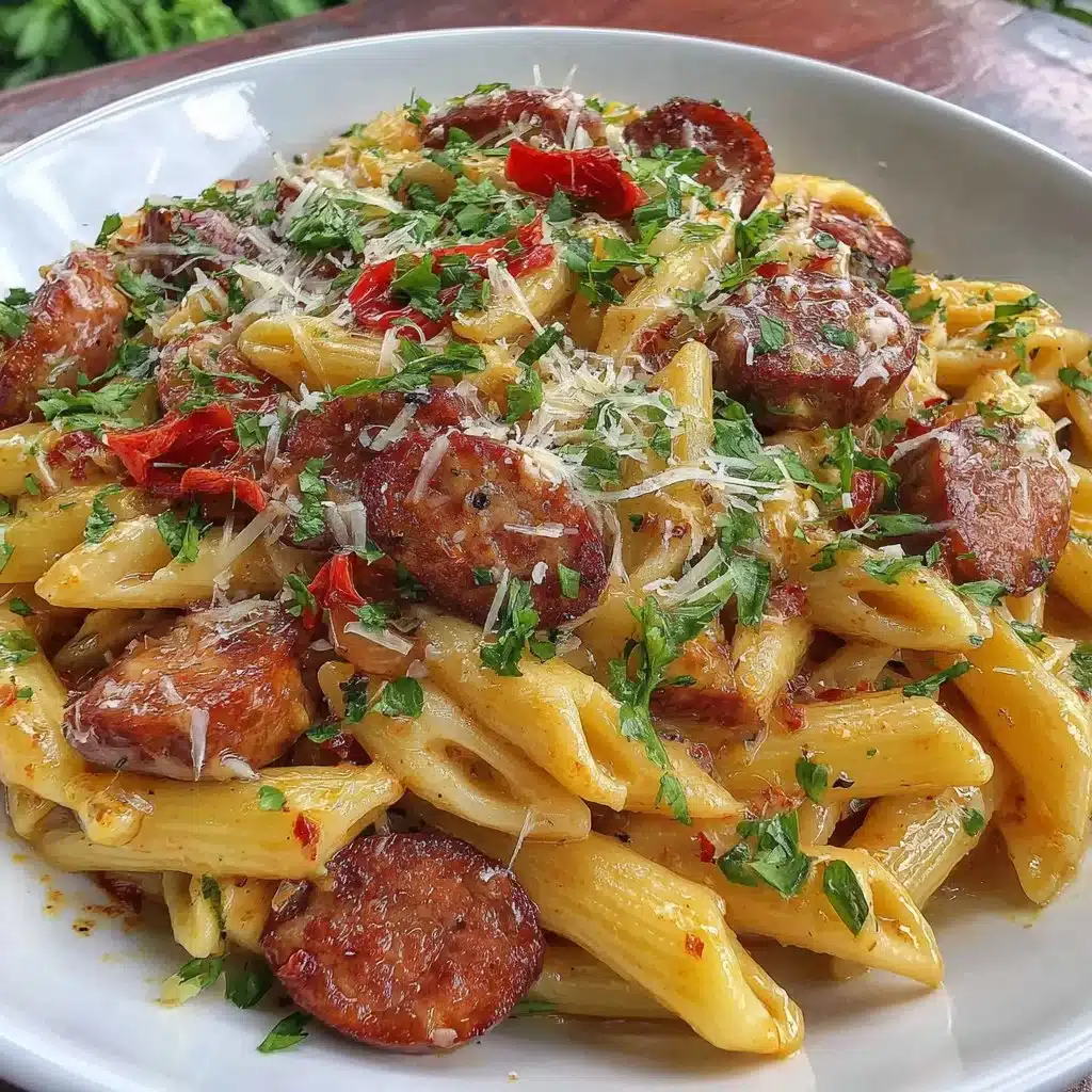 One-pot creamy spicy Cajun sausage pasta recipe with vibrant ingredients