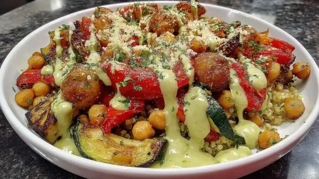 A colorful Roasted Vegetable Bowl with chickpeas, featuring vibrant veggies and grains.