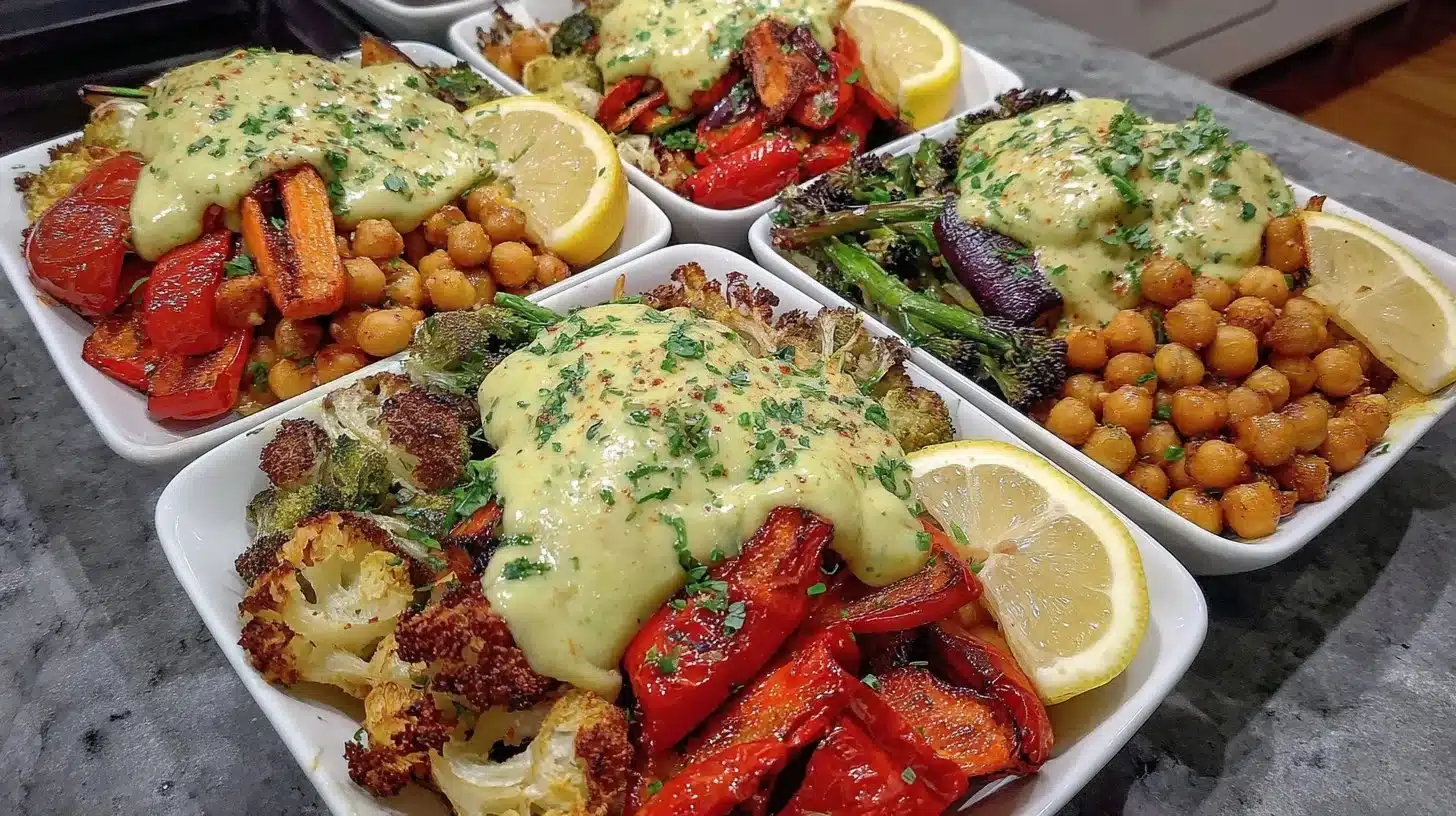 Roasted veggie chickpea bowl with maple Dijon tahini dressing on a table.