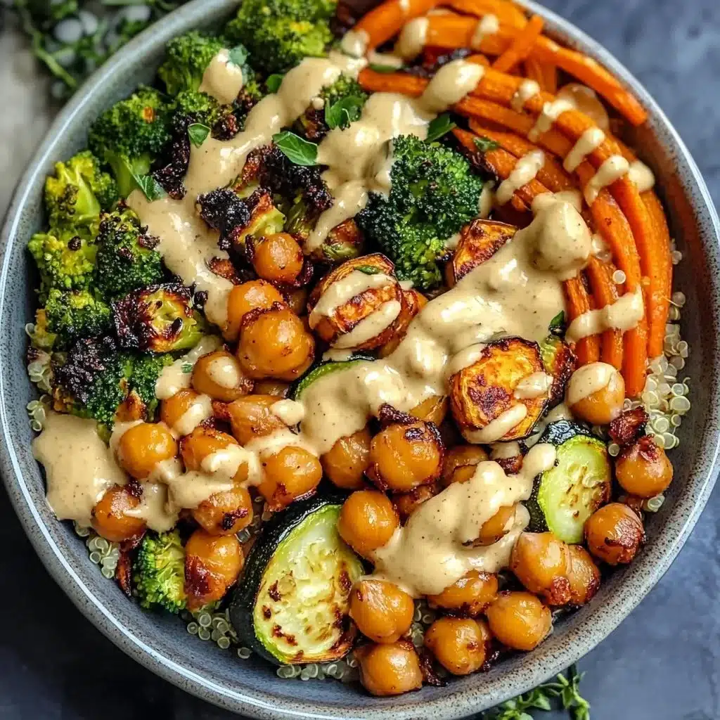 Roasted veggie chickpea bowls with maple Dijon tahini dressing on a wooden table