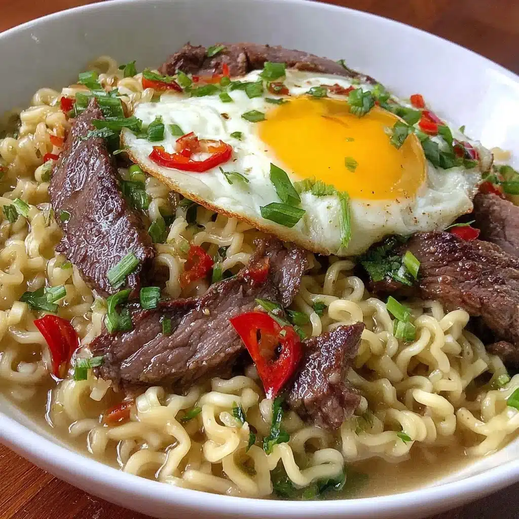 Bowl of slow cooker beef ramen noodles topped with green onions and cilantro
