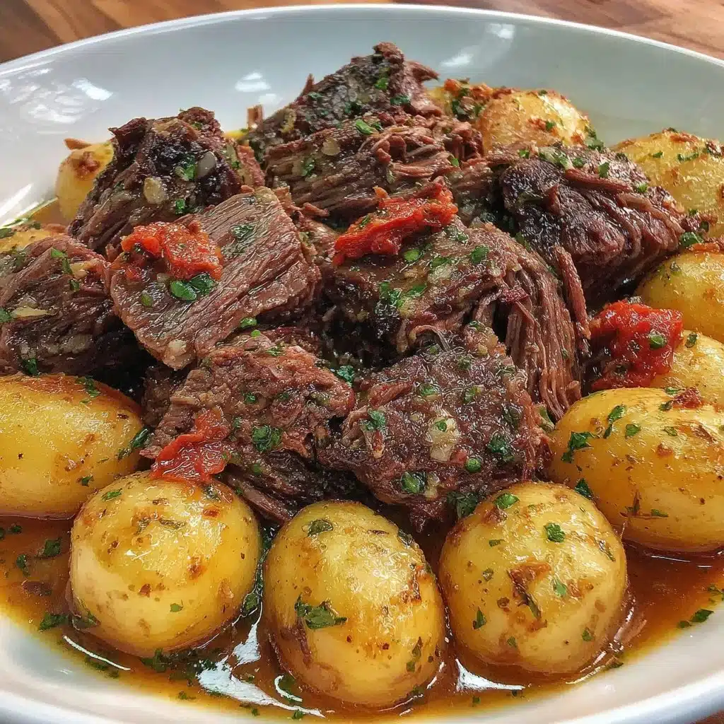 Slow cooker garlic butter beef with potatoes served on a plate.