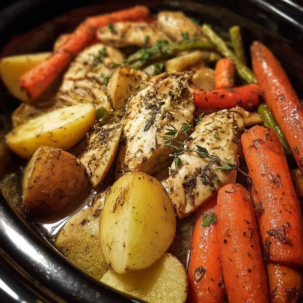 Slow Cooker Garlic Butter Chicken with colorful veggies in a bowl