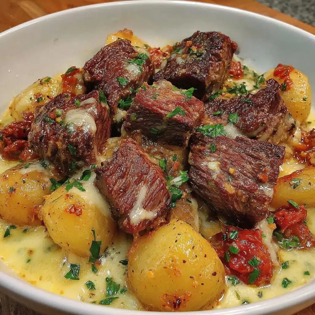 Slow cooker garlic butter steak bites served with potatoes