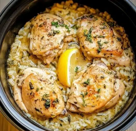 Slow Cooker Lemon Herb Chicken and Rice dish served in a bowl