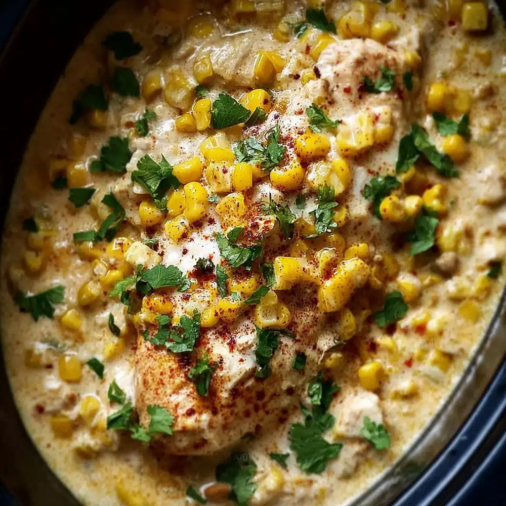 Bowl of slow cooker street corn chicken with fresh herbs and toppings