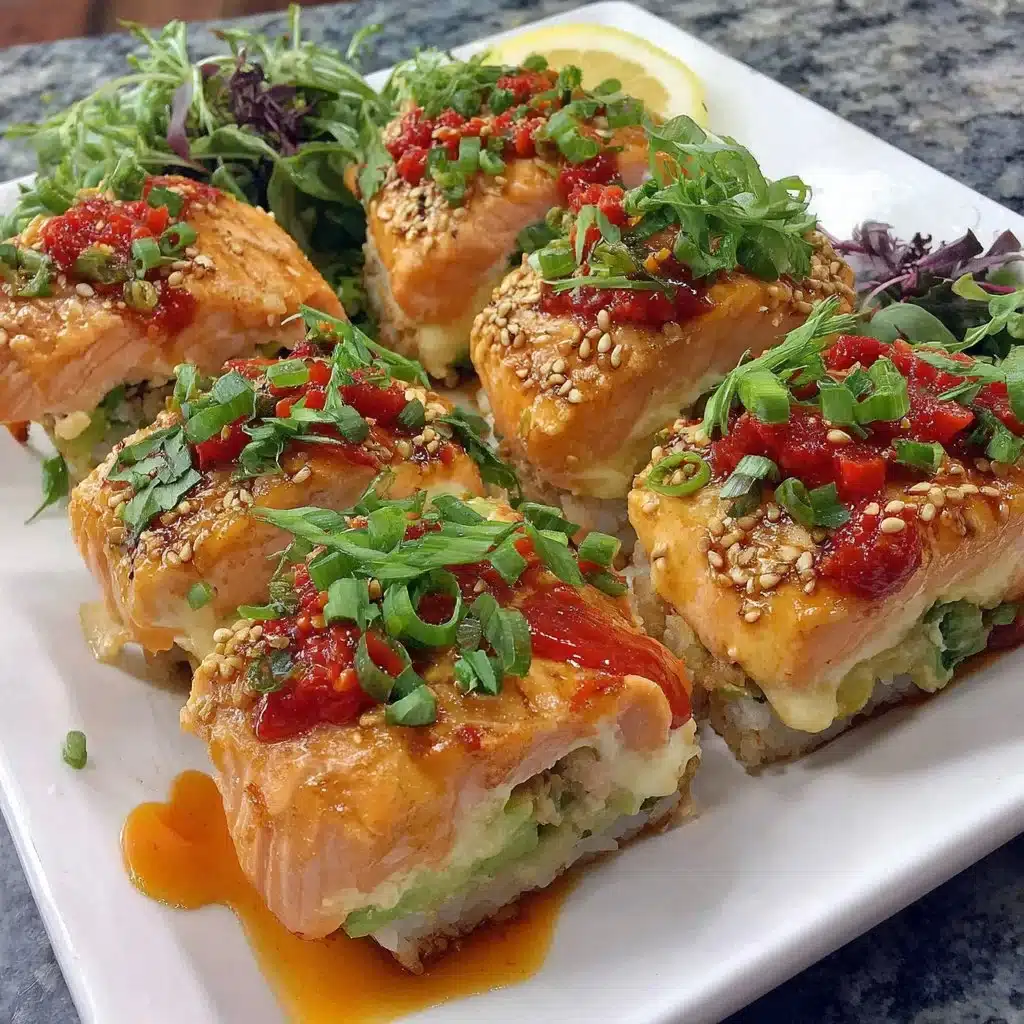 Delicious spicy salmon sushi bake served in a bowl, garnished with green onions.