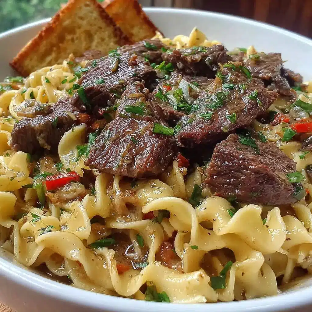 Delicious sticky beef noodles in a bowl garnished with green onions and sesame seeds